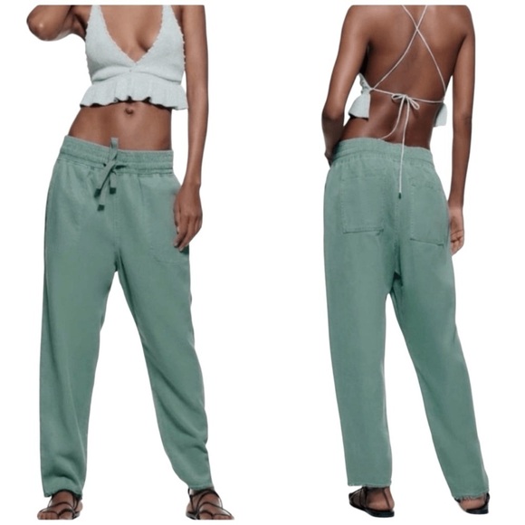 Zara Pants - Zara The Raw Hem Jogger High Rise Cropped Drawstring Waist Wide Leg Pants
